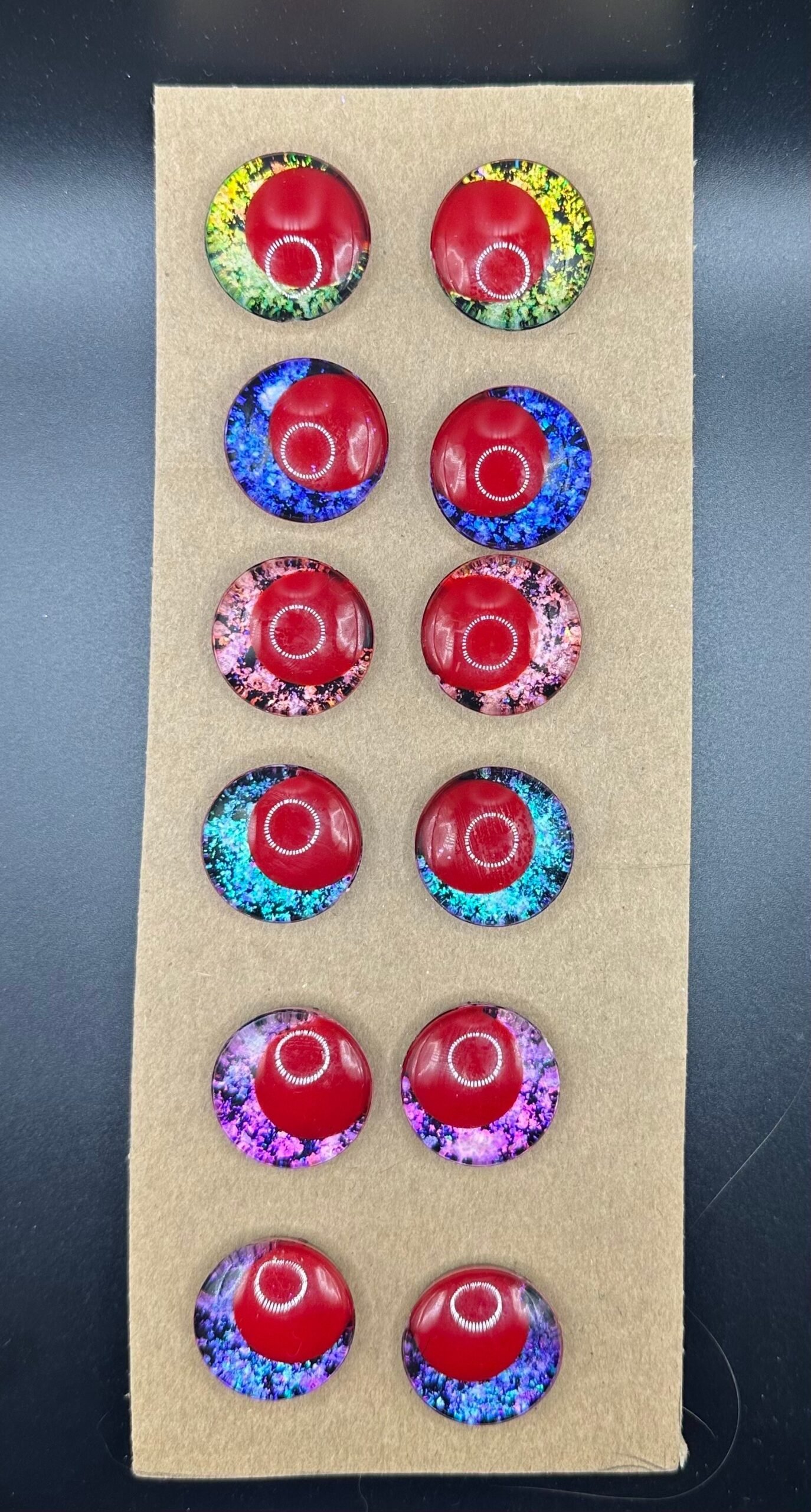 6x Handpainted Kawaii Safety Eyes: 24mm Red Pupil Holographic Plastic Eyeballs