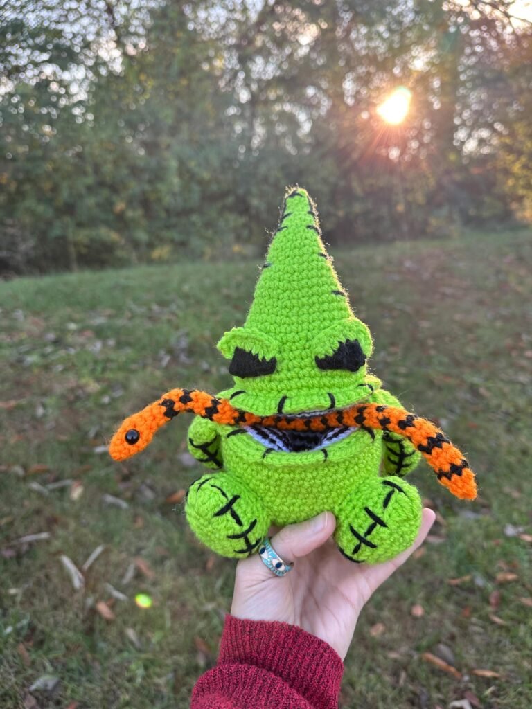 Handmade Green Worry Monster Plush • Crochet Bug-Belly Plushie • Spooky Cute Stuffed Toy • Soft Halloween Gift • Anxiety Buddy