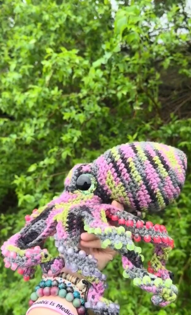 Handmade Multi Colored Glow-in-the-Dark Crochet Beaded Octopus with Hand-Painted Eyes and Tentacles