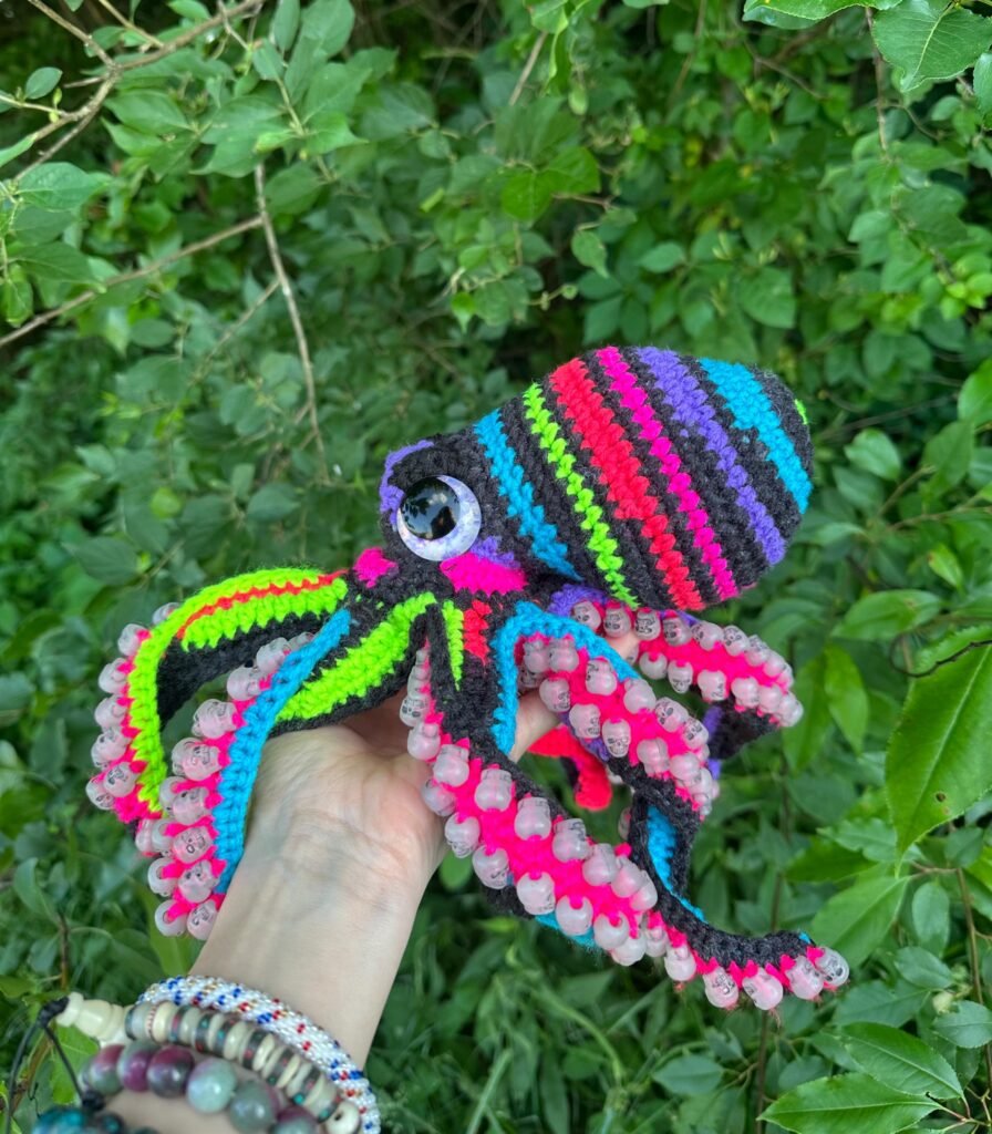 Handmade Neon Multi Colored Glow-in-the-Dark Crochet Beaded Octopus with Hand-Painted Eyes and Tentacles
