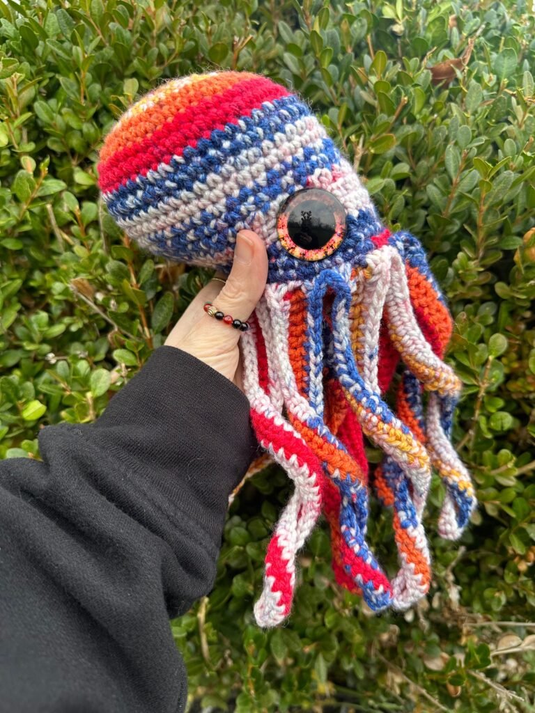 Handmade Striped Octopus Crochet Plush – Vibrant Colors and Expressive Eyes
